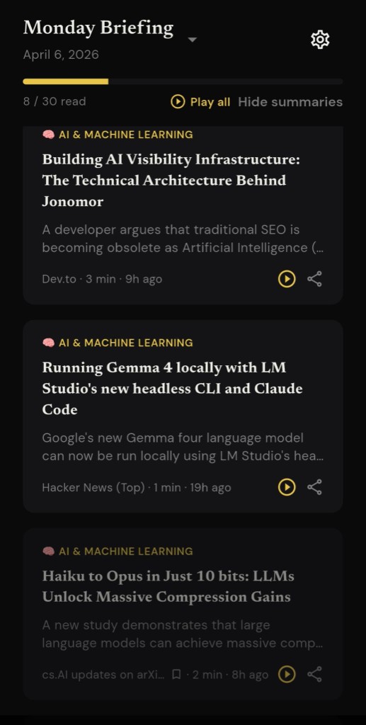 dBriefd briefing screen: dated daily brief with story cards, read progress, Play all, and per-article play buttons.