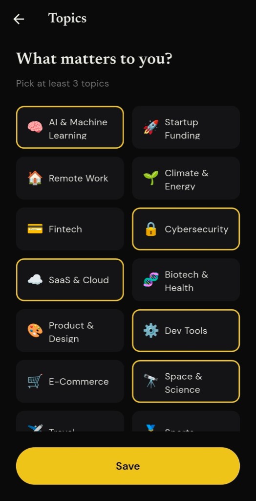 dBriefd Topics screen: grid of interests such as AI and SaaS with yellow selection outlines and Save.